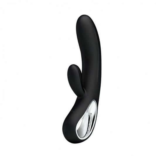 Zwarte siliconen Pretty Love Conrad rabbit vibrator met clitorisarm en zilverkleurig paneel