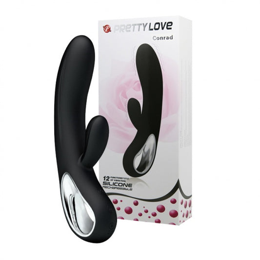 Zwarte Pretty Love Conrad rabbit vibrator met 12 vibratiefuncties naast de verpakking