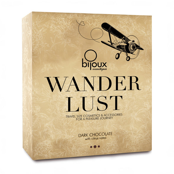 Bijoux Indiscrets Wanderlust reisset verpakking in goudkleurige doos met Dark Chocolate geur