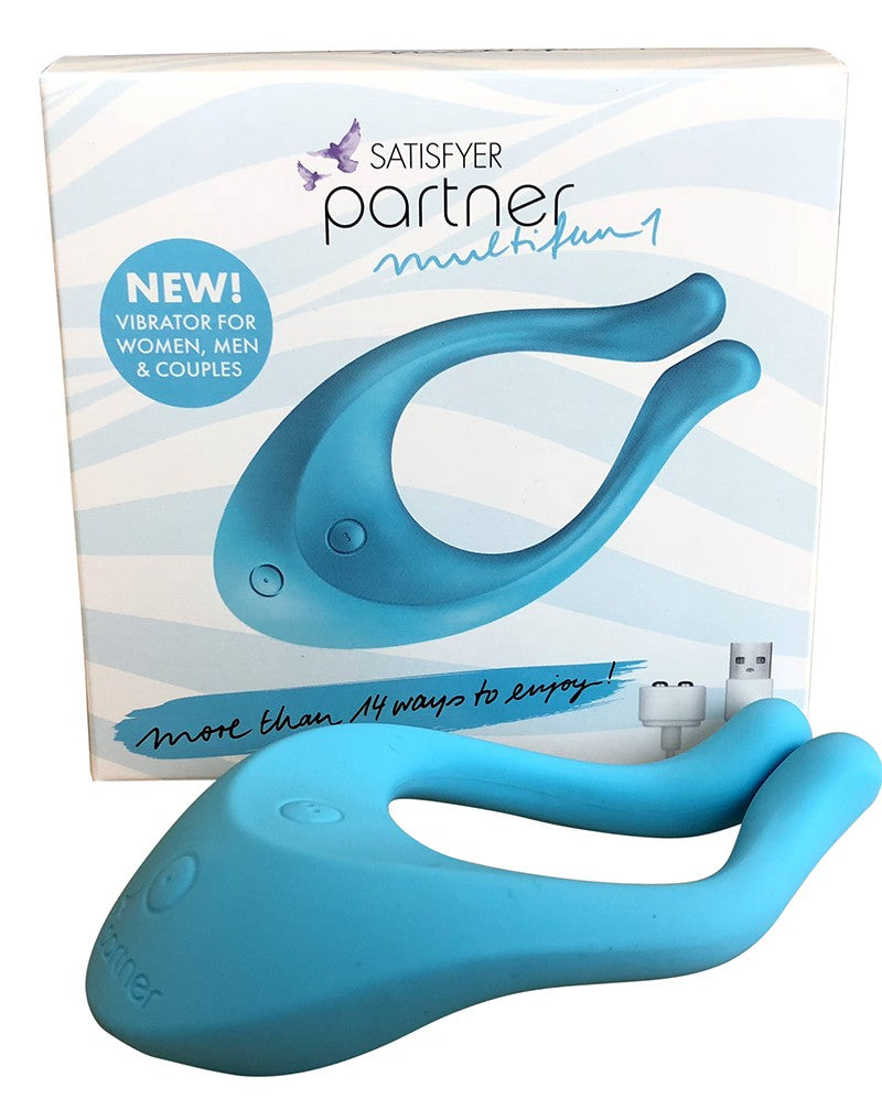 Satisfyer Partner Multifun 1 blauwe koppelvibrator met USB-kabel naast verpakking