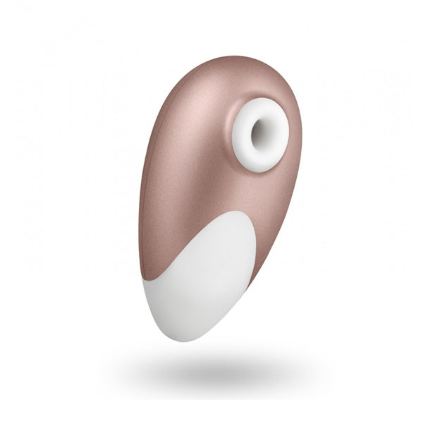 Satisfyer Pro 2 Deluxe luchtdrukstimulator in roségoud met witte siliconen opzetstuk, bovenzijde zichtbaar