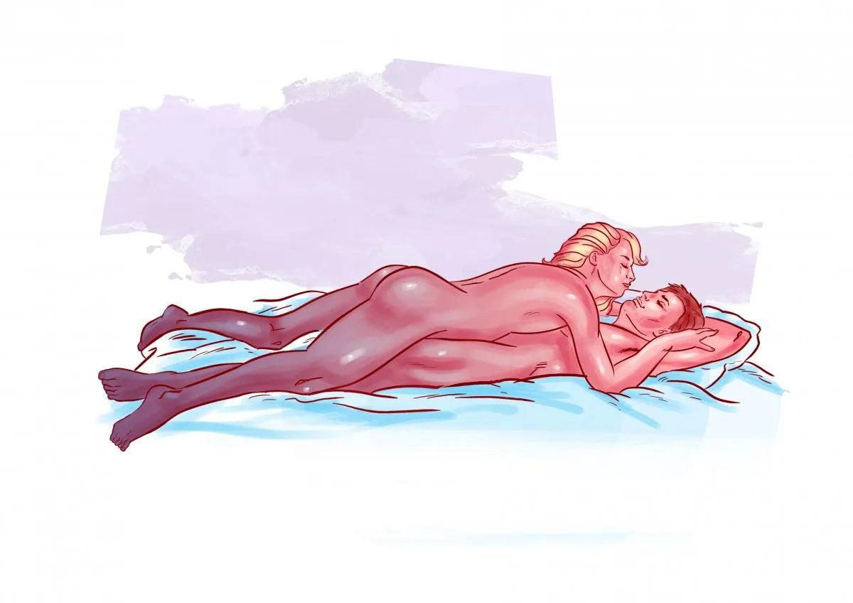 Illustratie van vrouw bovenop standje met intiem koppel liggend in bed, vrouw neemt de leiding