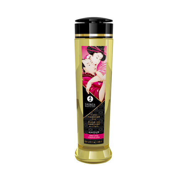 Shunga Amour massage olie fles van 240ml op witte achtergrond, De Paarse Keizerin intieme wellness product
