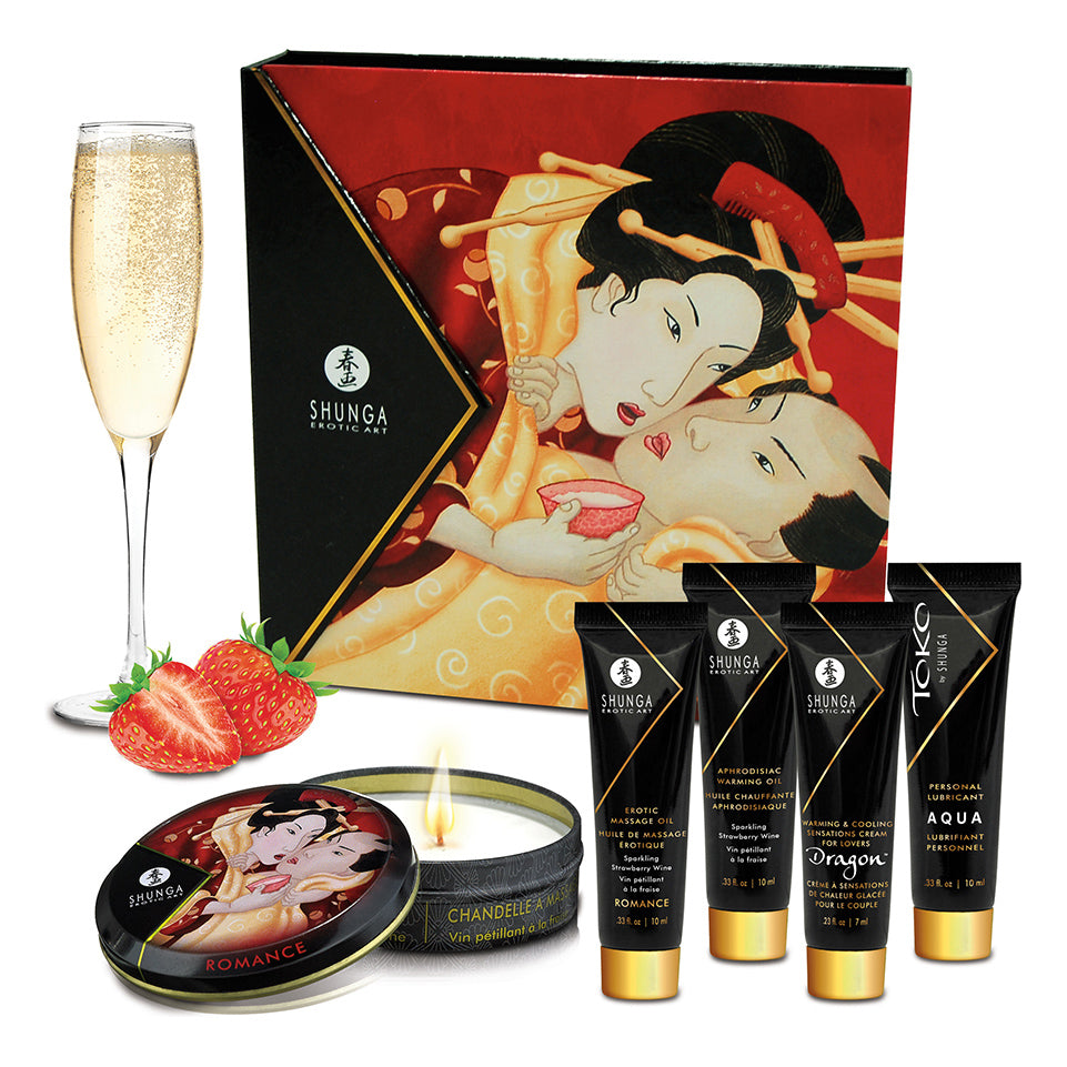 Shunga giftbox van De Paarse Keizerin met romantische producten voor een sprankelend weekend