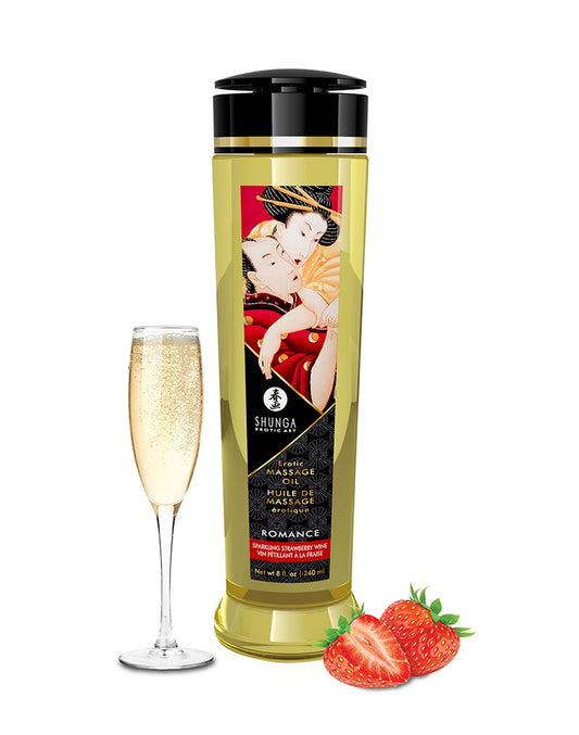 Shunga Romance erotische massage-olie 240 ml, goudkleurige fles met Japanse illustratie.