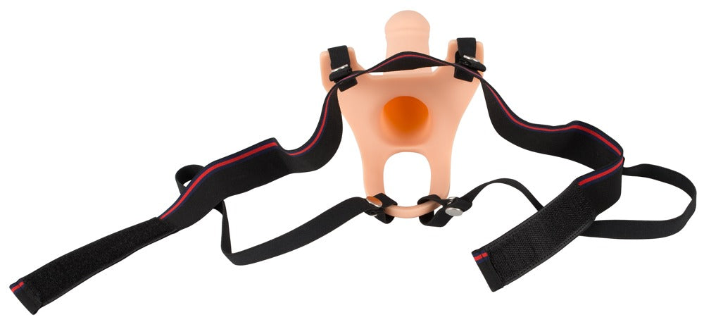 Zijaanzicht van siliconen holle strap-on showing ergonomische vorm en harnas ontwerp