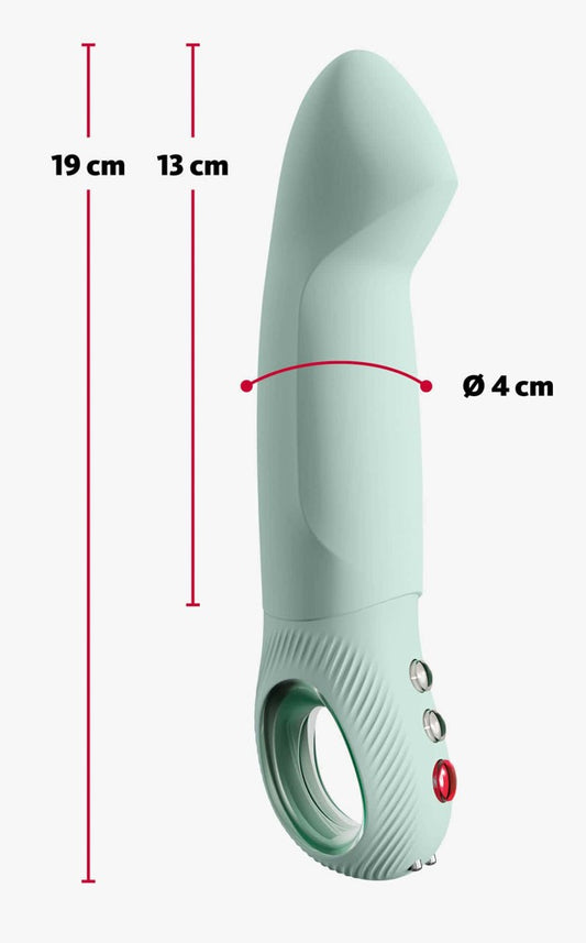Fun Factory Stronic G Forte mintgroen met afmetingen: 19 cm totaal, 13 cm inbreng, Ø 4 cm