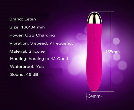 Leten Surge siliconen vibrator met specificaties: USB-oplaadbaar en verwarmbaar tot 42°C