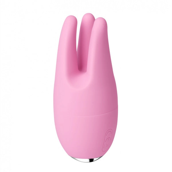 Svakom Cookie roze clitoris vibrator met drie stimulerende vingers en zilveren basis, vooraanzicht