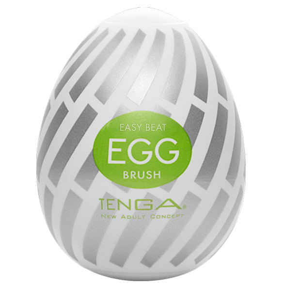 Tenga Easy Beat Egg Brush masturbator in wit met groen label en diagonaal streeppatroon