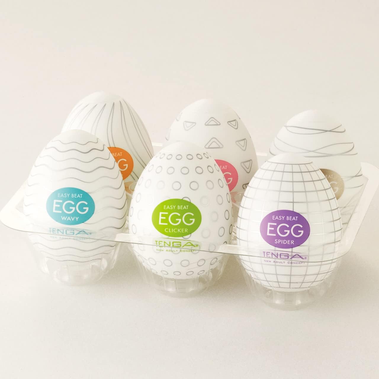 Zijaanzicht Tenga-eggs collectie met verschillende texturen zichtbaar