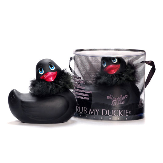 I Rub My Duckie Paris zwart badeendje-vibrator met boa en cadeauverpakking