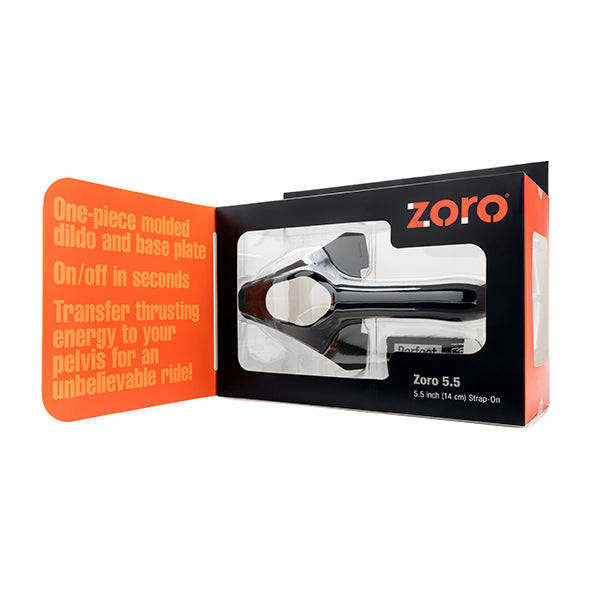 Zoro 5.5 strap-on in geopende oranje-zwarte productverpakking met productbeschrijving